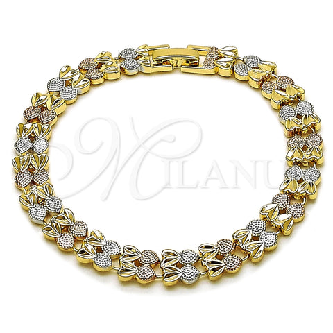 Oro Laminado Solid Bracelet, Gold Filled Style Heart Design, Diamond Cutting Finish, Tricolor, 03.196.0035.07