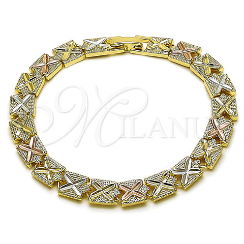 Oro Laminado Solid Bracelet, Gold Filled Style Diamond Cutting Finish, Tricolor, 03.196.0036.07 (Thickness, 7 Inches Length)