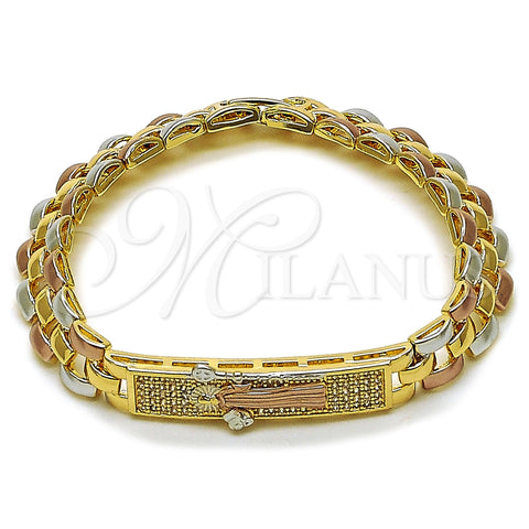Oro Laminado Fancy Bracelet, Gold Filled Style San Benito Design, with White Micro Pave, Polished, Tricolor, 03.196.0037.07