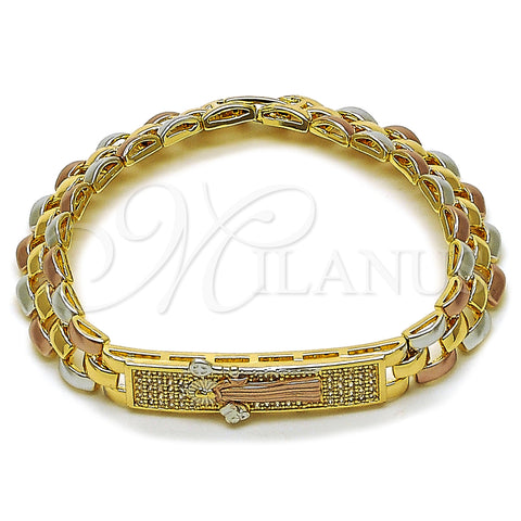 Oro Laminado Fancy Bracelet, Gold Filled Style San Benito Design, with White Micro Pave, Polished, Tricolor, 03.196.0037.07 (09 MM Thickness, 8 Inches Length)