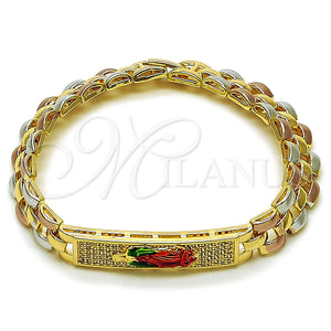 Oro Laminado Fancy Bracelet, Gold Filled Style Guadalupe Design, with White Cubic Zirconia, Polished, Tricolor, 03.196.0038.07 (09 MM Thickness, 7 Inches Length)