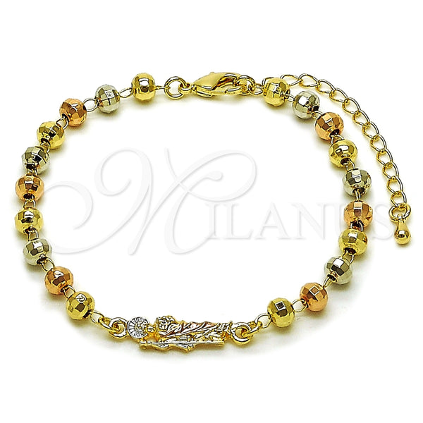 Oro Laminado Fancy Bracelet, Gold Filled Style San Judas and Ball Design, Polished, Tricolor, 03.196.0039.07 (05 MM Thickness, 7 Inches Length)