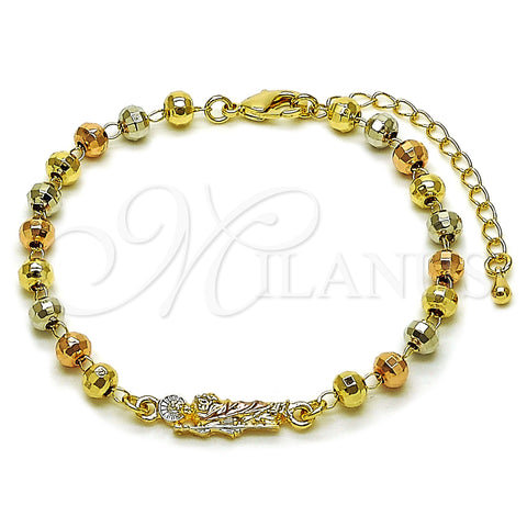 Oro Laminado Fancy Bracelet, Gold Filled Style San Judas and Ball Design, Polished, Tricolor, 03.196.0039.07 (05 MM Thickness, 7 Inches Length)