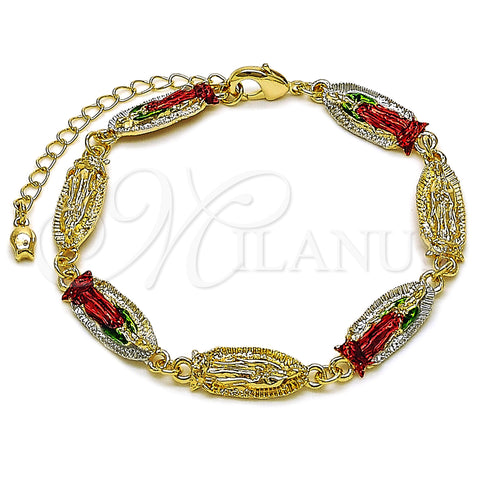 Oro Laminado Fancy Bracelet, Gold Filled Style Guadalupe Design, Polished, Tricolor, 03.196.0042.07 (Thickness, 7 Inches Length)