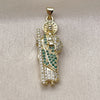 Oro Laminado Religious Pendant, Gold Filled Style San Judas Design, with Green and White Cubic Zirconia, Polished, Golden Finish, 05.284.0027