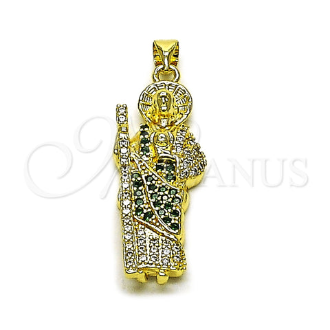 Oro Laminado Religious Pendant, Gold Filled Style San Judas Design, with Green and White Cubic Zirconia, Polished, Golden Finish, 05.284.0027