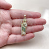Oro Laminado Religious Pendant, Gold Filled Style San Judas Design, with Green and White Cubic Zirconia, Polished, Golden Finish, 05.284.0027