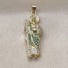Oro Laminado Religious Pendant, Gold Filled Style San Judas Design, with Green and White Cubic Zirconia, Polished, Golden Finish, 05.284.0027