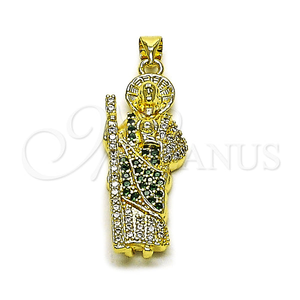 Oro Laminado Religious Pendant, Gold Filled Style San Judas Design, with Green and White Cubic Zirconia, Polished, Golden Finish, 05.284.0027