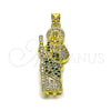 Oro Laminado Religious Pendant, Gold Filled Style San Judas Design, with Green and White Cubic Zirconia, Polished, Golden Finish, 05.284.0027