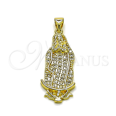 Oro Laminado Religious Pendant, Gold Filled Style Guadalupe Design, with White Cubic Zirconia, Polished, Golden Finish, 05.284.0028