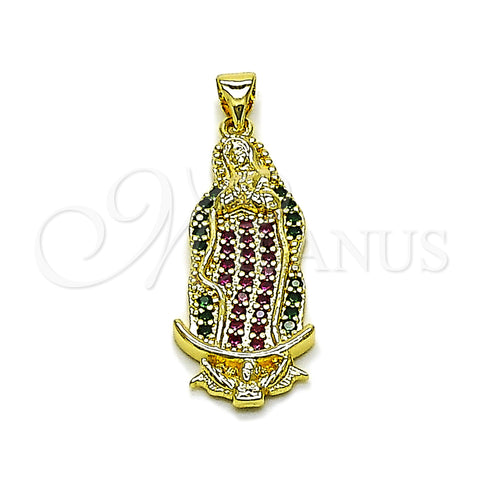 Oro Laminado Religious Pendant, Gold Filled Style Guadalupe Design, with Multicolor Cubic Zirconia, Polished, Golden Finish, 05.284.0028.1