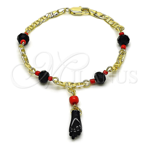 Oro Laminado Fancy Bracelet, Gold Filled Style Figa Hand and Mariner Design, with Black Crystal, Polished, Golden Finish, 03.213.0228.06