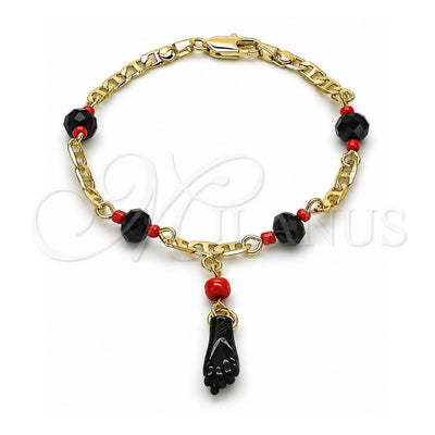 Oro Laminado Fancy Bracelet, Gold Filled Style Figa Hand and Mariner Design, with Black Crystal, Polished, Golden Finish, 03.213.0228.06 (03 MM Thickness, 6 Inches Length)