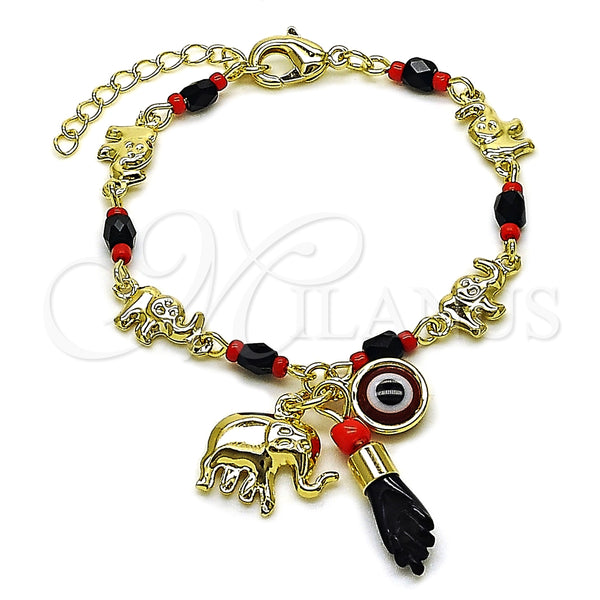 Oro Laminado Charm Bracelet, Gold Filled Style Elephant and Figa Hand Design, with Black Crystal, Polished, Golden Finish, 03.213.0413.06