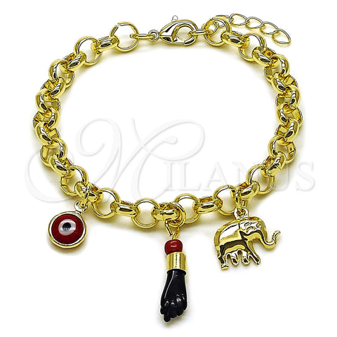 Oro Laminado Charm Bracelet, Gold Filled Style Elephant and Figa Hand Design, Polished, Golden Finish, 03.213.0414.07