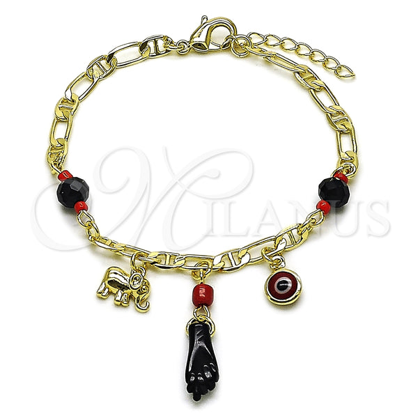 Oro Laminado Charm Bracelet, Gold Filled Style Figa Hand and Elephant Design, with Black Crystal, Polished, Golden Finish, 03.213.0415.07