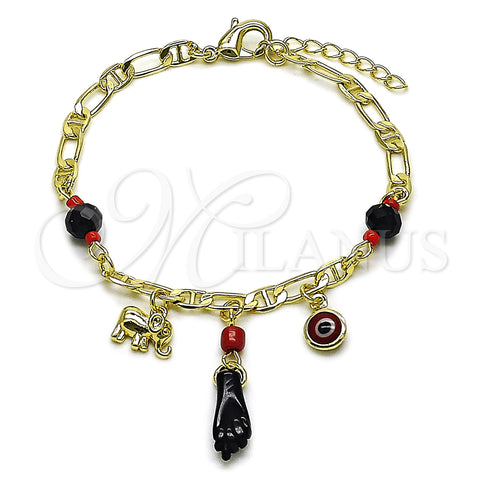 Oro Laminado Charm Bracelet, Gold Filled Style Figa Hand and Elephant Design, with Black Crystal, Polished, Golden Finish, 03.213.0415.07 (04 MM Thickness, 7 Inches Length)