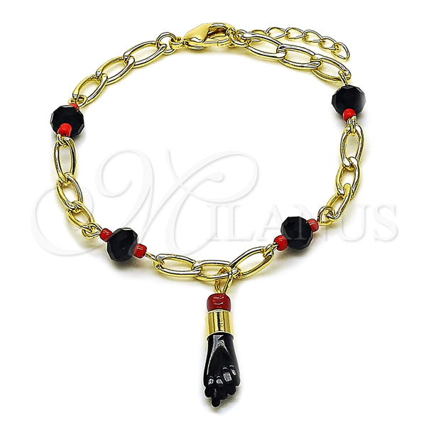 Oro Laminado Charm Bracelet, Gold Filled Style Figa Hand Design, with Black Crystal, Polished, Golden Finish, 03.213.0416.07