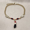 Oro Laminado Charm Bracelet, Gold Filled Style Figa Hand and Elephant Design, with Black and Garnet Crystal, Polished, Golden Finish, 03.213.0417.07 (Thickness, 7 Inches Length)