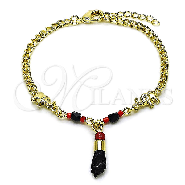Oro Laminado Charm Bracelet, Gold Filled Style Figa Hand and Elephant Design, with Black and Garnet Crystal, Polished, Golden Finish, 03.213.0417.07 (Thickness, 7 Inches Length)