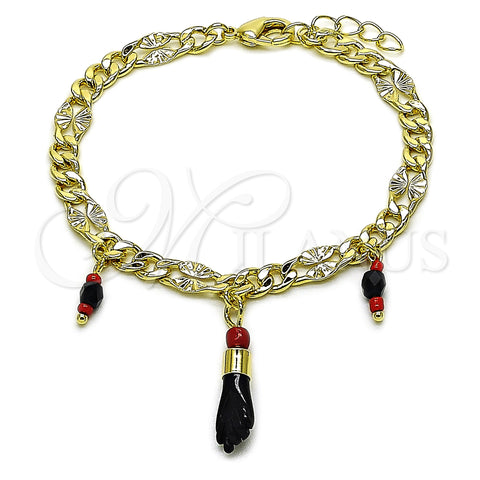 Oro Laminado Charm Bracelet, Gold Filled Style Figa Hand and Curb Design, with Black and Garnet Crystal, Polished, Golden Finish, 03.213.0418.07 (Thickness, 7 Inches Length)