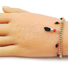 Oro Laminado Charm Bracelet, Gold Filled Style Figa Hand and Miami Cuban Design, with Black and Garnet Crystal, Polished, Golden Finish, 03.213.0419.07 (Thickness, 7 Inches Length)