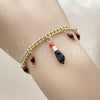 Oro Laminado Charm Bracelet, Gold Filled Style Figa Hand and Miami Cuban Design, with Black and Garnet Crystal, Polished, Golden Finish, 03.213.0419.07 (Thickness, 7 Inches Length)