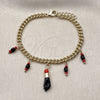Oro Laminado Charm Bracelet, Gold Filled Style Figa Hand and Miami Cuban Design, with Black and Garnet Crystal, Polished, Golden Finish, 03.213.0419.07 (Thickness, 7 Inches Length)