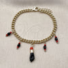Oro Laminado Charm Bracelet, Gold Filled Style Figa Hand and Miami Cuban Design, with Black and Garnet Crystal, Polished, Golden Finish, 03.213.0419.07 (Thickness, 7 Inches Length)