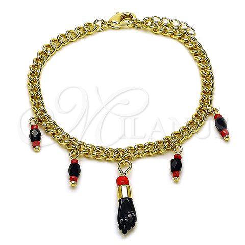 Oro Laminado Charm Bracelet, Gold Filled Style Figa Hand and Miami Cuban Design, with Black and Garnet Crystal, Polished, Golden Finish, 03.213.0419.07 (Thickness, 7 Inches Length)