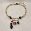 Oro Laminado Charm Bracelet, Gold Filled Style Figa Hand and Evil Eye Design, with Black and Garnet Crystal, Polished, Golden Finish, 03.213.0420.07