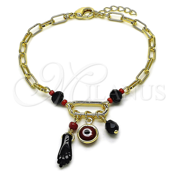 Oro Laminado Charm Bracelet, Gold Filled Style Figa Hand and Evil Eye Design, with Black and Garnet Crystal, Polished, Golden Finish, 03.213.0420.07