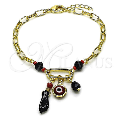 Oro Laminado Charm Bracelet, Gold Filled Style Figa Hand and Evil Eye Design, with Black and Garnet Crystal, Polished, Golden Finish, 03.213.0420.07