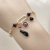 Oro Laminado Charm Bracelet, Gold Filled Style Figa Hand and Evil Eye Design, with Black and Garnet Crystal, Polished, Golden Finish, 03.213.0420.07 (Thickness, 7 Inches Length)