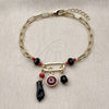 Oro Laminado Charm Bracelet, Gold Filled Style Figa Hand and Evil Eye Design, with Black and Garnet Crystal, Polished, Golden Finish, 03.213.0420.07 (Thickness, 7 Inches Length)