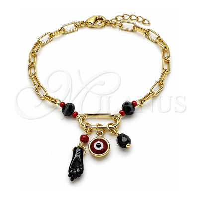 Oro Laminado Charm Bracelet, Gold Filled Style Figa Hand and Evil Eye Design, with Black and Garnet Crystal, Polished, Golden Finish, 03.213.0420.07 (Thickness, 7 Inches Length)