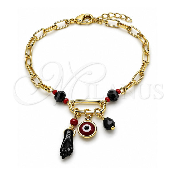 Oro Laminado Charm Bracelet, Gold Filled Style Figa Hand and Evil Eye Design, with Black and Garnet Crystal, Polished, Golden Finish, 03.213.0420.07 (Thickness, 7 Inches Length)