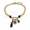Oro Laminado Charm Bracelet, Gold Filled Style Figa Hand and Evil Eye Design, with Black and Garnet Crystal, Polished, Golden Finish, 03.213.0420.07 (Thickness, 7 Inches Length)