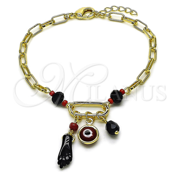 Oro Laminado Charm Bracelet, Gold Filled Style Figa Hand and Evil Eye Design, with Black and Garnet Crystal, Polished, Golden Finish, 03.213.0420.07 (Thickness, 7 Inches Length)