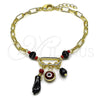Oro Laminado Charm Bracelet, Gold Filled Style Figa Hand and Evil Eye Design, with Black and Garnet Crystal, Polished, Golden Finish, 03.213.0420.07 (Thickness, 7 Inches Length)