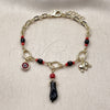 Oro Laminado Charm Bracelet, Gold Filled Style Figa Hand and Elephant Design, with Black Crystal and Garnet Cubic Zirconia, Polished, Golden Finish, 03.213.0421.06
