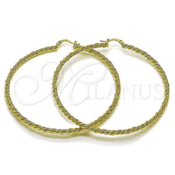 Oro Laminado Extra Large Hoop, Gold Filled Style Twist Design, Diamond Cutting Finish, Golden Finish, 02.213.0888.70
