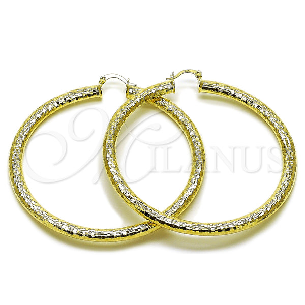 Gold Filled Hoop Earrings — Extra Large Hoop Hollow Design Diamond Cutting 02. — main product view — SKU 163078 | Oro Laminado aretes de aro — Extra Large Hoop Hollow diseño Diamond Cutting 02. — SKU 163078