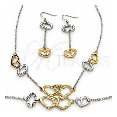 Stainless Steel Necklace, Bracelet and Earring, Heart Design, with White Crystal, Polished, Two Tone, 06.231.0021