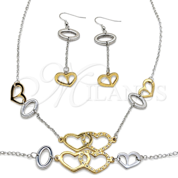 Stainless Steel Necklace, Bracelet and Earring, Heart Design, with White Crystal, Polished, Two Tone, 06.231.0021