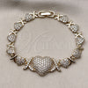 Oro Laminado Fancy Bracelet, Gold Filled Style Hugs and Kisses and Heart Design, with White Cubic Zirconia, Polished, Golden Finish, 03.283.0546.07