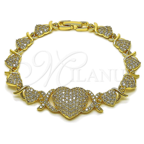 Oro Laminado Fancy Bracelet, Gold Filled Style Hugs and Kisses and Heart Design, with White Cubic Zirconia, Polished, Golden Finish, 03.283.0546.07