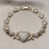 Oro Laminado Fancy Bracelet, Gold Filled Style Hugs and Kisses and Heart Design, with White Cubic Zirconia, Polished, Golden Finish, 03.283.0546.07 (Thickness, 8 Inches Length)