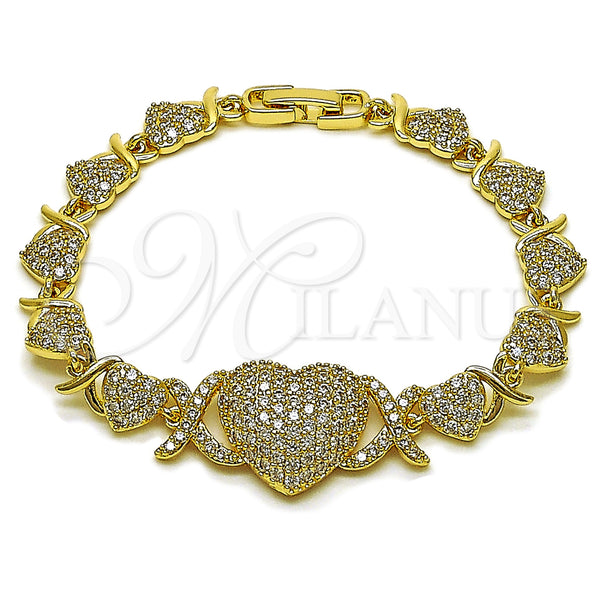 Oro Laminado Fancy Bracelet, Gold Filled Style Hugs and Kisses and Heart Design, with White Cubic Zirconia, Polished, Golden Finish, 03.283.0546.07 (Thickness, 8 Inches Length)
